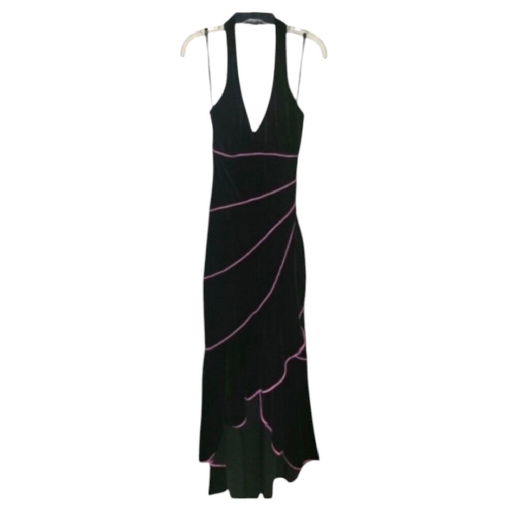 Blondie Nites by Jaslene Black Velvet Halter Prom Dress with Pink Trim Size 3